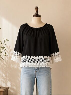 Crochet Black Cotton Lace Boho Peasant Top White Trim Cottagecore Size M